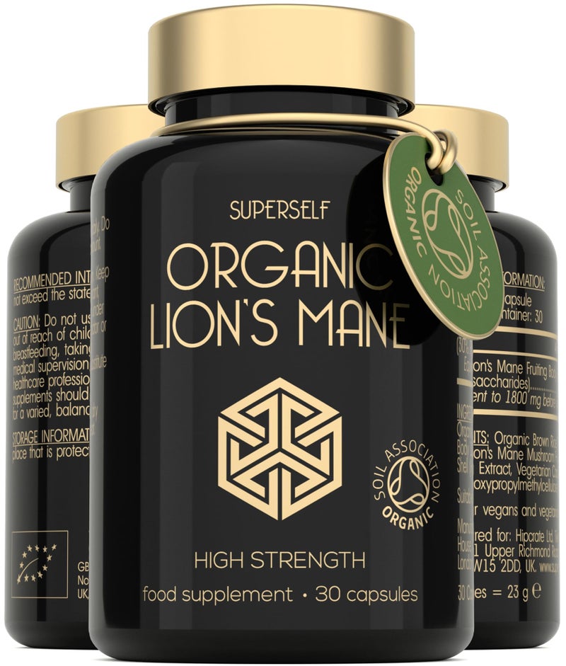 SUPERSELF Organic Lions Mane Supplement - 1800mg Lion's Mane Capsules High Strength - Certified Organic by The Soil Association - 30 Capsules - 100% Lion Mane Mushroom Fruiting Bodies Extract - Made in The UK - Image 1